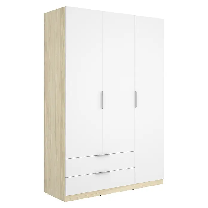 Dekit Armario para ropa Emax - L x An x Al: 51,4 x 136,6 x 203,5 cm, Roble claro/Blanco, Número de cajones: 2 ud. - Armario blanco con laterales y base de madera clara, tres puertas y dos cajones con tiradores plateados.