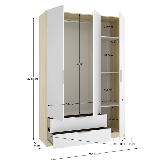 Dekit Armario para ropa Emax - L x An x Al: 51,4 x 136,6 x 203,5 cm, Roble claro/Blanco, Número de cajones: 2 ud. - Armario blanco y de madera clara con dos puertas, estantes abiertos y dos cajones, con dimensiones detalladas.