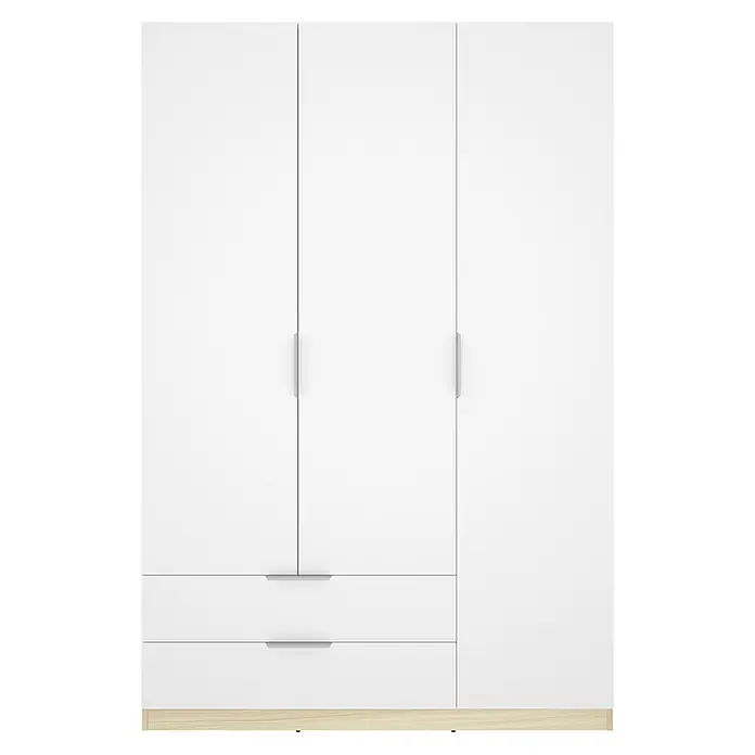 Dekit Armario para ropa Emax - L x An x Al: 51,4 x 136,6 x 203,5 cm, Roble claro/Blanco, Número de cajones: 2 ud. - Armario blanco de tres puertas con dos cajones integrados y base de madera clara.