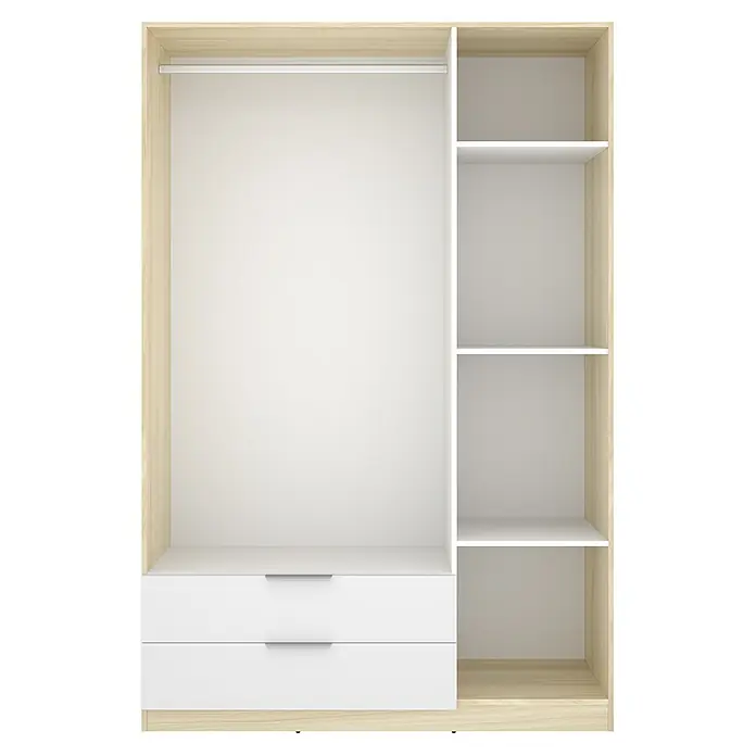 Dekit Armario para ropa Emax - L x An x Al: 51,4 x 136,6 x 203,5 cm, Roble claro/Blanco, Número de cajones: 2 ud. - Interior de armario abierto con marco de madera clara, sección de colgar, estantes y dos cajones blancos.
