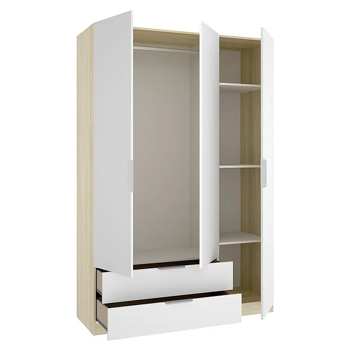Dekit Armario para ropa Emax - L x An x Al: 51,4 x 136,6 x 203,5 cm, Roble claro/Blanco, Número de cajones: 2 ud. - Armario blanco y de madera clara con tres puertas abiertas que revelan una barra para colgar ropa y estantes, y dos cajones parcialmente abiertos.