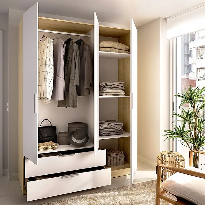 Dekit Armario para ropa Emax - L x An x Al: 51,4 x 136,6 x 203,5 cm, Roble claro/Blanco, Número de cajones: 2 ud. - Armario blanco y madera clara, abierto mostrando ropa colgada, artículos doblados en estantes y cajones, con almacenamiento organizado.