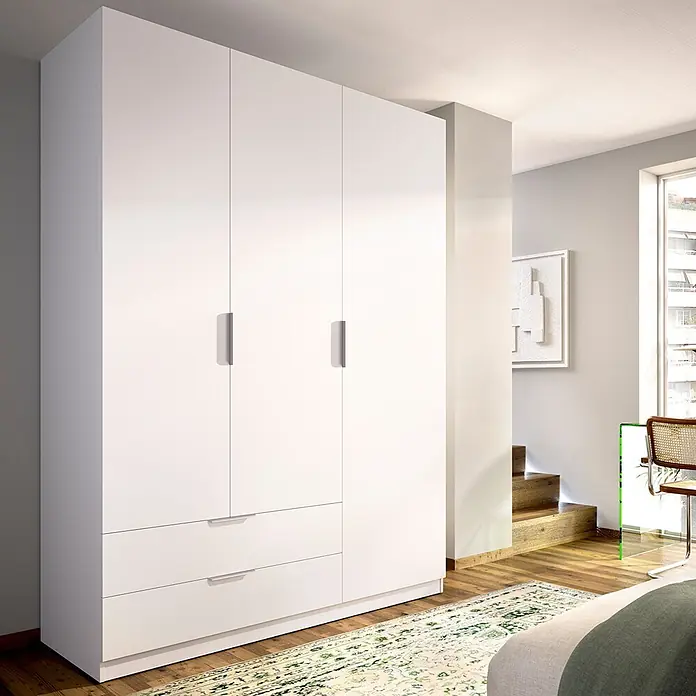 Dekit Armario para ropa Emax - L x An x Al: 51,4 x 136,6 x 203,5 cm, Blanco, Número de cajones: 2 ud. - Armario modular blanco con múltiples puertas y dos cajones inferiores, en un ambiente moderno.