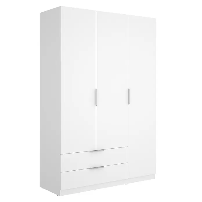 Dekit Armario para ropa Emax - L x An x Al: 51,4 x 136,6 x 203,5 cm, Blanco, Número de cajones: 2 ud. - Armario blanco de tres puertas con dos cajones inferiores y tiradores plateados.