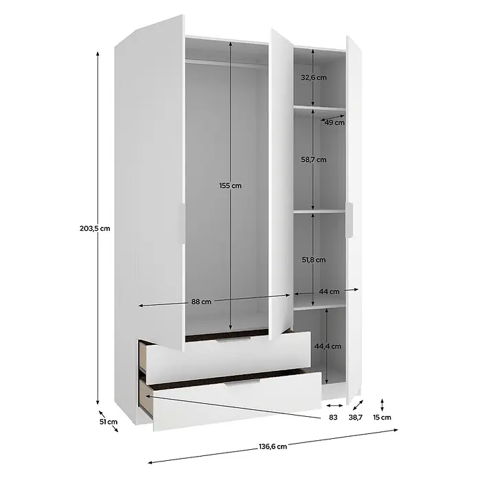 Dekit Armario para ropa Emax - L x An x Al: 51,4 x 136,6 x 203,5 cm, Blanco, Número de cajones: 2 ud. - Armario blanco con estantes internos, barra de colgar y cajones inferiores, mostrando todas las dimensiones.