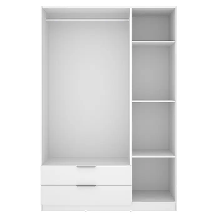 Dekit Armario para ropa Emax - L x An x Al: 51,4 x 136,6 x 203,5 cm, Blanco, Número de cajones: 2 ud. - Interior de armario blanco abierto con barra para colgar a la izquierda, cuatro estantes a la derecha y dos cajones debajo.
