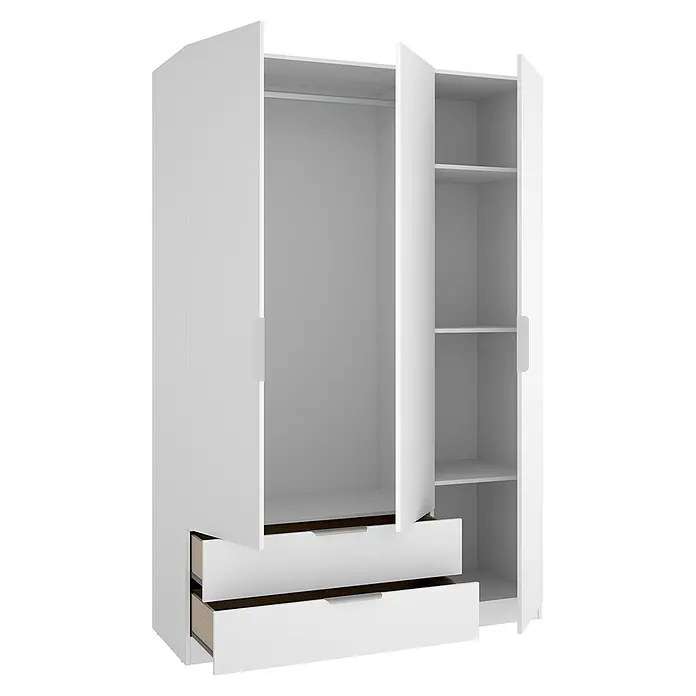 Dekit Armario para ropa Emax - L x An x Al: 51,4 x 136,6 x 203,5 cm, Blanco, Número de cajones: 2 ud. - Armario blanco con tres puertas, dos cajones abiertos y estantes abiertos.