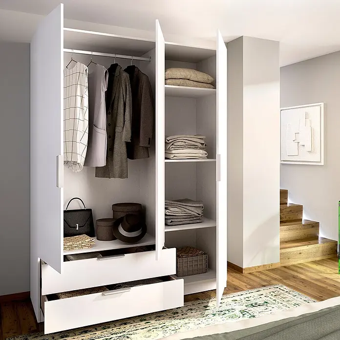 Dekit Armario para ropa Emax - L x An x Al: 51,4 x 136,6 x 203,5 cm, Blanco, Número de cajones: 2 ud. - Armario blanco con puertas y cajones abiertos, revelando ropa colgada, textiles y accesorios.
