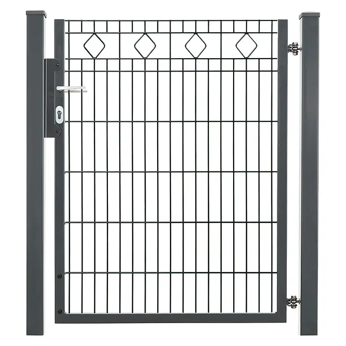 Deutsche Zauntechnik Zauntor Vario Residenz Barcelona - 102 x 123 cm, Anthrazitgrau, Stahl - Graues Metall-Gartentor mit Gittermuster, rautenförmigen Zierelementen, Griff und Schloss.