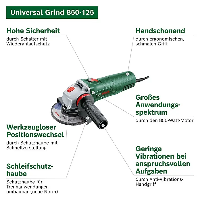 Bosch Elektro-Winkelschleifer UniversalGrind 850-125 - 850 W, Durchmesser Scheibe: 125 mm, Leerlaufdrehzahl: 12.000 U/min - Grüner und silberner Bosch Universal Grind 850-125 Winkelschleifer mit schwarzem Griff, betont Sicherheitsmerkmale, 850W Motor und Antivibrationsgriff.