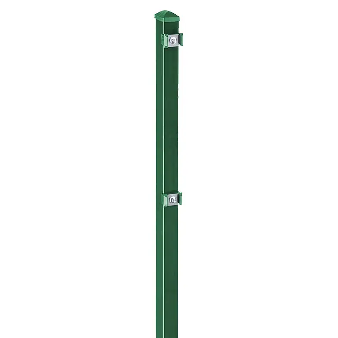 Deutsche Zauntechnik Zaunpfosten Vp - Höhe: 170 cm, Moosgrün, Stahl - Grüner Vierkant-Zaunpfosten mit spitzer Kappe und zwei befestigten Metallklammern.