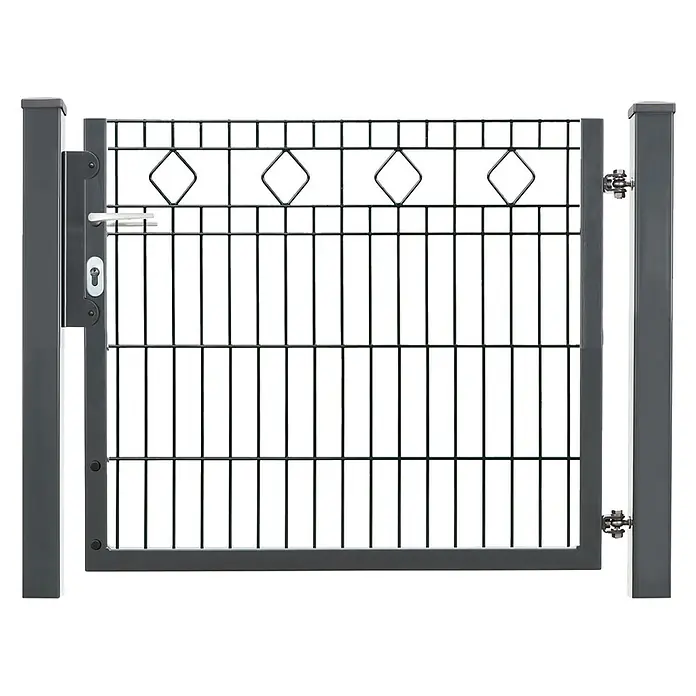 Deutsche Zauntechnik Zauntor Vario Residenz Barcelona - 102 x 83 cm, Anthrazitgrau, Stahl - Dunkelgraues Metall-Gartentor mit quadratischer Gitterfüllung, Griff, Schloss und dekorativen Rauten.