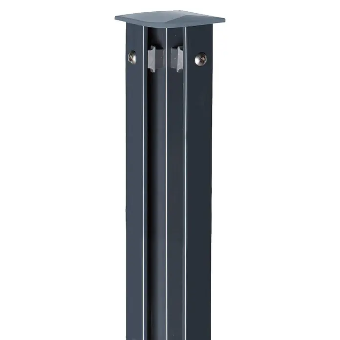 Deutsche Zauntechnik Zaunpfosten Vape - Höhe: 150 cm, Anthrazitgrau, Stahl - Dunkelgrauer Metallzaunpfosten mit quadratischer Kappe und sichtbaren Paneelverbindern.