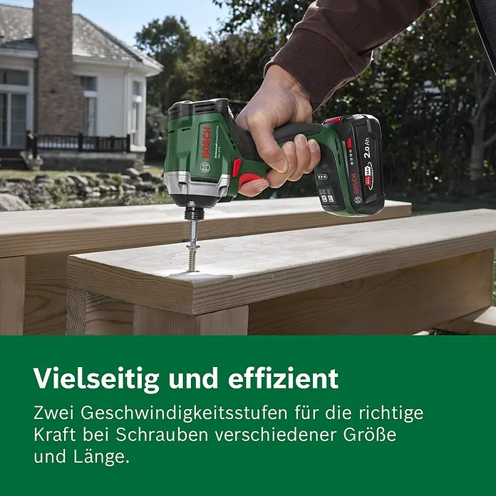 Bosch Power for All 18V Akku-Drehschlagschrauber UniversalImpactDrive 18V-210 - 18 V, Ohne Akku, 210 Nm - Grün-schwarzer Bosch 18V Akku-Schlagschrauber, der eine Schraube in ein Holzbrett eindreht.