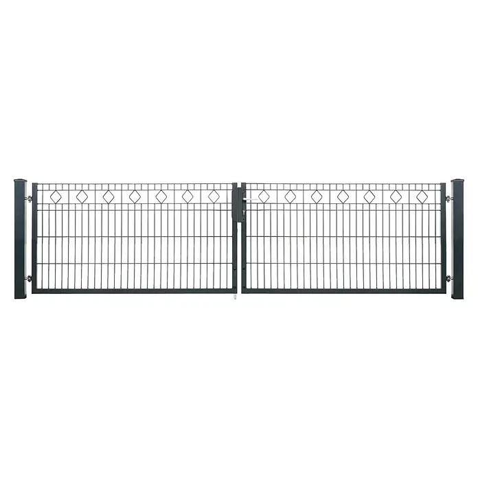 Deutsche Zauntechnik Zauntor Vario Residenz Barcelona - 328 x 83 cm, Anthrazitgrau, Stahl - Dunkelgraues zweiflügeliges Metalltor mit Drahtgeflecht, dekorativen Rautenmustern und mittigem Griff und Schloss.