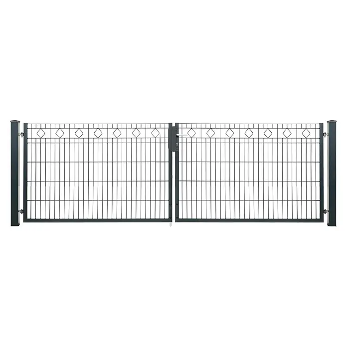 Deutsche Zauntechnik Zauntor Vario Residenz Barcelona - 328 x 103 cm, Anthrazitgrau, Stahl - Dunkelgraues Doppeltor aus Metall mit dekorativen Rauten und weißem Türgriff.