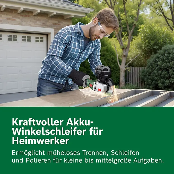 Bosch Power for All 18V Akku-Winkelschleifer PWS 18V-70 - 18 V, Ohne Akku, Durchmesser Scheibe: 125 mm - Mann mit Schutzbrille und Handschuhen verwendet einen Akku-Winkelschleifer zum Trennen von Metall, Funken fliegen.