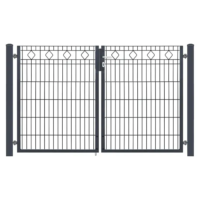 Deutsche Zauntechnik Zauntor Vario Residenz Barcelona - 200 x 123 cm, Anthrazitgrau, Stahl - Dunkelgraues Metall-Doppeltor mit Gitterpaneelen, Rautenverzierungen und zentralem Schließmechanismus.