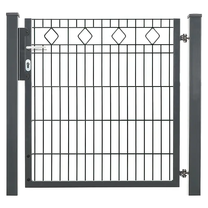Deutsche Zauntechnik Zauntor Vario Residenz Barcelona - 102 x 103 cm, Anthrazitgrau, Stahl - Dunkelgraues Metalltor mit Drahtgitter, dekorativen Rauten, Griff und Schloss.