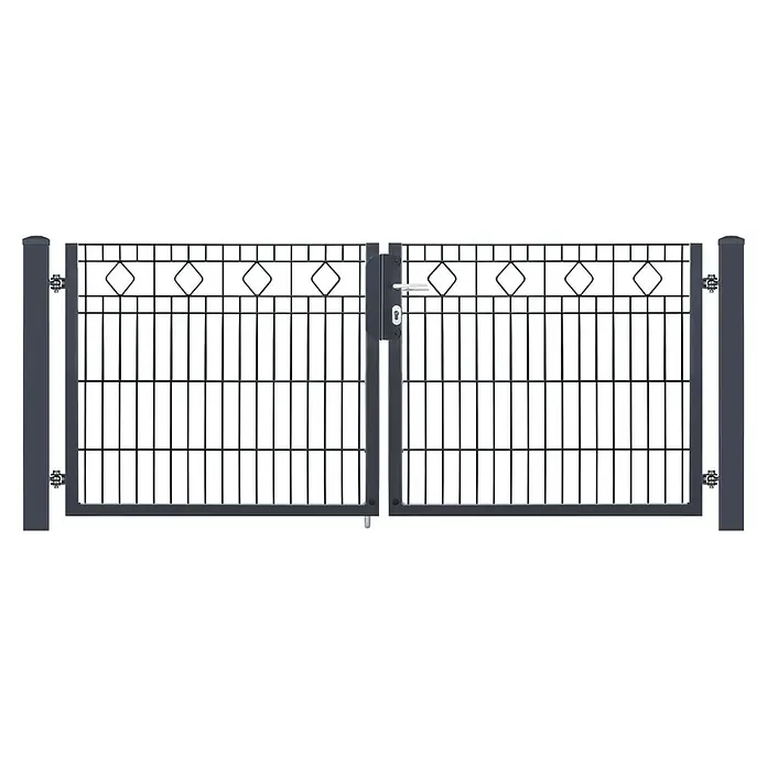 Deutsche Zauntechnik Zauntor Vario Residenz Barcelona - 200 x 83 cm, Anthrazitgrau, Stahl - Anthrazitfarbenes Metall-Doppeltor mit dekorativen Rautenelementen, Griff und Schloss.