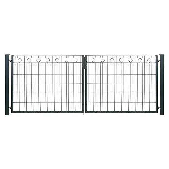 Deutsche Zauntechnik Zauntor Vario Residenz Barcelona - 328 x 123 cm, Anthrazitgrau, Stahl - Dunkelgraues Doppelflügel-Maschendraht-Tor mit dekorativen Rauten und Pfosten.