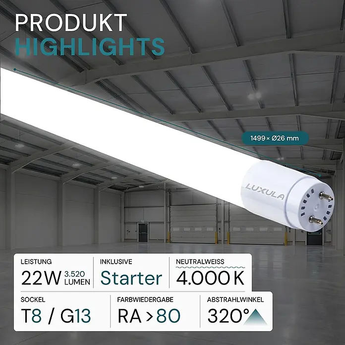Luxula LED-Röhre - 22 W, 1.500 mm, Neutralweiß, 3.520 lm, G13 - Weiße LUXULA LED-Röhre (1499xØ26mm) in einer Lagerhalle, die neutralweißes Licht (4000K) bietet.