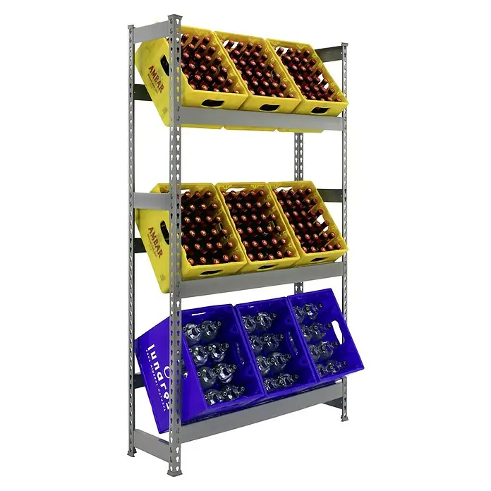 Simonrack Simonbottle Getränkekistenregal Bottleclick - H x B x T: 180 x 100 x 30 cm, Traglast Einlegeboden: 100 kg, Anzahl Böden: 3 Stk., Stecken, Grau - Regal mit gelben Bierkästen der Marke Ambar und blauen Lunares Wasserflaschenkästen für den Einzelhandel.