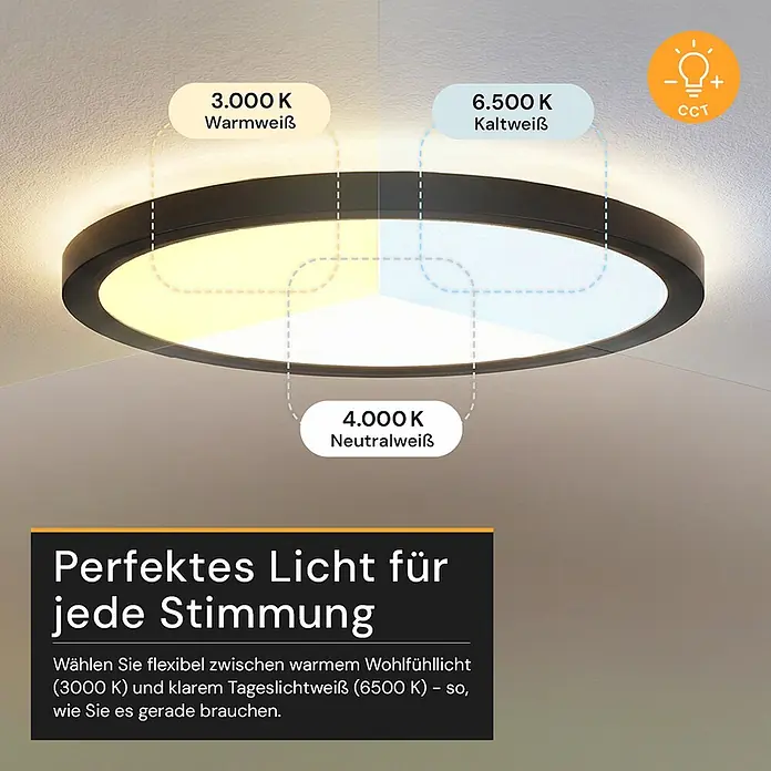 Enovalite LED-Deckenleuchte rund - 42 W, Ø x H: 50 cm x 35 mm, Schwarz, Warmweiß - Runde Deckenleuchte mit schwarzem Rahmen, die einstellbare Lichtfarben in Warmweiß, Neutralweiß und Kaltweiß (3000K, 4000K, 6500K) zeigt.
