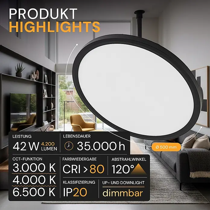 Enovalite LED-Deckenleuchte rund - 42 W, Ø x H: 50 cm x 35 mm, Schwarz, Warmweiß - Große, runde LED-Deckenleuchte mit schwarzem Rahmen und weißem Diffusor in modernem Wohnzimmer, mit Produktspezifikationen.