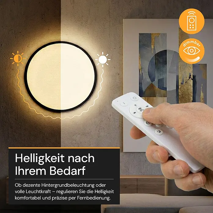 Enovalite LED-Deckenleuchte rund - 42 W, Ø x H: 50 cm x 35 mm, Schwarz, Warmweiß - Runde LED-Deckenleuchte mit schwarzem Rahmen und weißem Diffusor, die Helligkeit wird per Fernbedienung eingestellt.