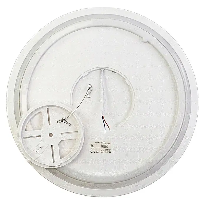Enovalite LED-Deckenleuchte rund - 42 W, Ø x H: 50 cm x 35 mm, Weiß, Warmweiß - Rückseite einer runden weißen LED-Deckenleuchte mit abnehmbarer Montageplatte, elektrischen Kabeln und Sicherungsseil.