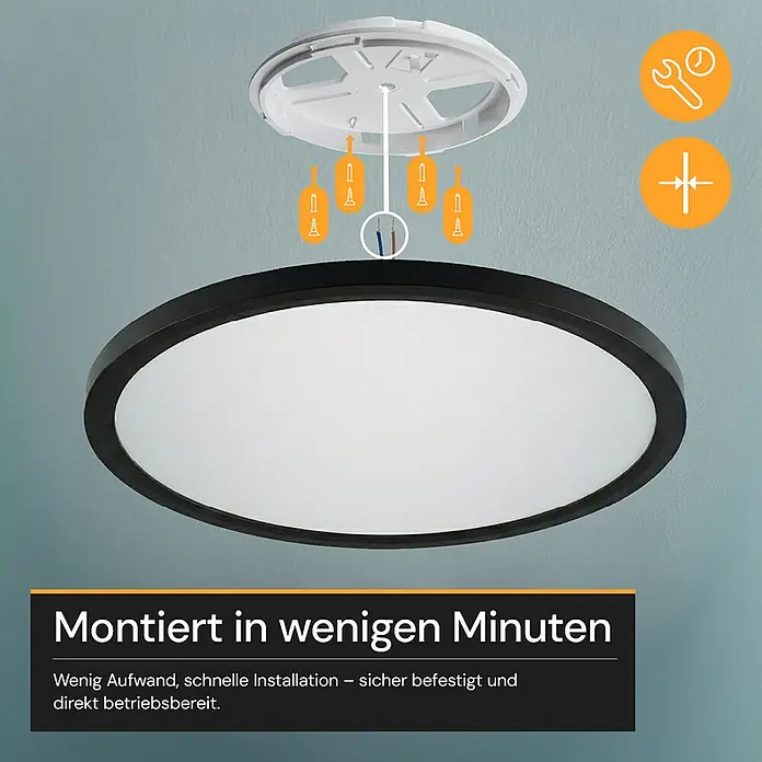Enovalite LED-Deckenleuchte rund - 42 W, Ø x H: 50 cm x 35 mm, Schwarz, Warmweiß - Runde schwarze Deckenleuchte bei der Installation, mit sichtbarer Halterung, Schrauben und Verkabelung für einfache Montage.