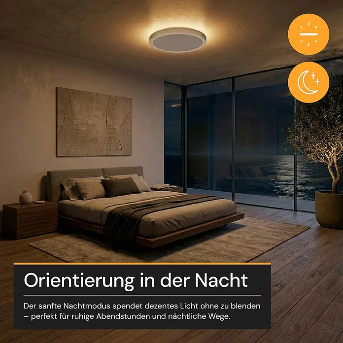 Enovalite LED-Deckenleuchte rund - 42 W, Ø x H: 50 cm x 35 mm, Weiß, Warmweiß - Runde Deckenleuchte im Schlafzimmer, spendet sanftes, warmes Licht zur nächtlichen Orientierung.