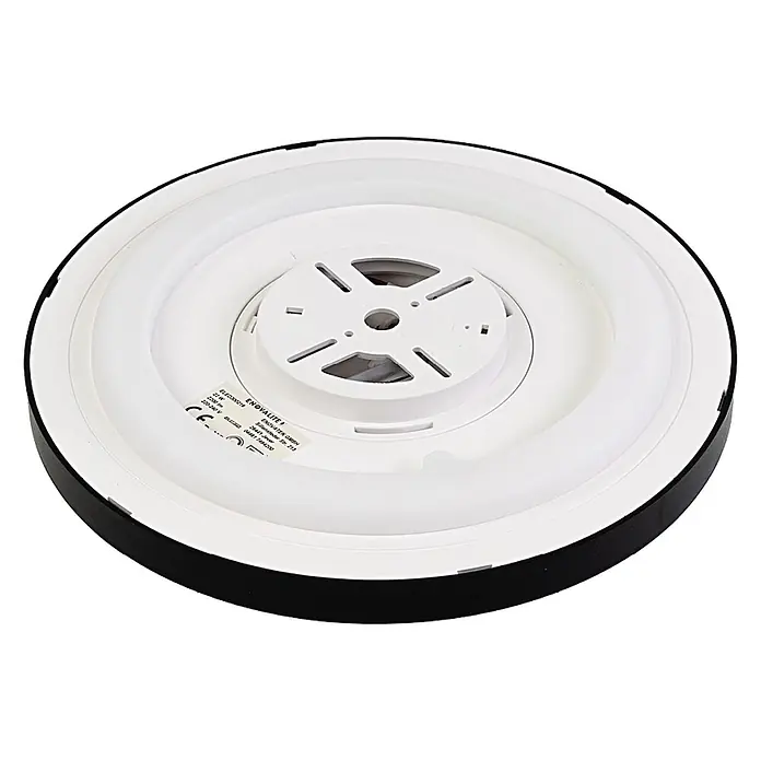 Enovalite LED-Deckenleuchte rund - 42 W, Ø x H: 50 cm x 35 mm, Schwarz, Warmweiß - Rückseite einer runden Deckenleuchte mit schwarzem Rand, weißer Innenseite und zentraler Montageplatte, inklusive Produktetikett.