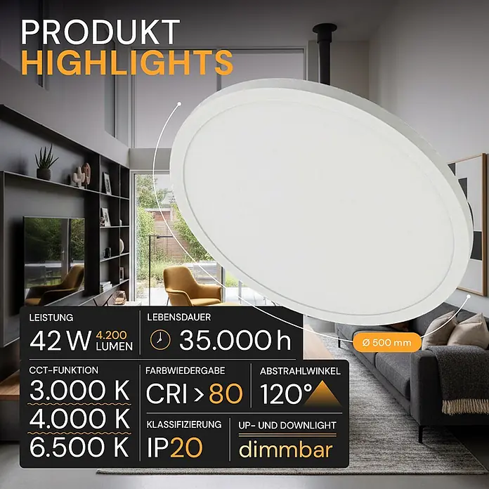Enovalite LED-Deckenleuchte rund - 42 W, Ø x H: 50 cm x 35 mm, Weiß, Warmweiß - Weiße, runde LED-Decken-/Wandleuchte mit technischen Spezifikationen in einem modernen Wohnzimmer.