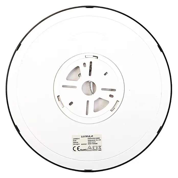 Luxula LED-Deckenleuchte rund - 22 W, Schwarz, Mehrfarbig - Rückansicht einer runden weißen LED-Deckenleuchte mit schwarzem Rand, zeigt die zentrale Montageplatte und das Produktetikett.