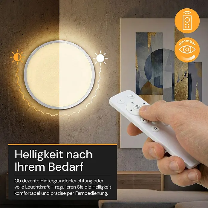 Enovalite LED-Deckenleuchte rund - 42 W, Ø x H: 50 cm x 35 mm, Weiß, Warmweiß - Runde dimmbare LED-Leuchte an der Wand, mit Fernbedienung bedienbar, zeigt einstellbare Helligkeit und Lichtfarbe.