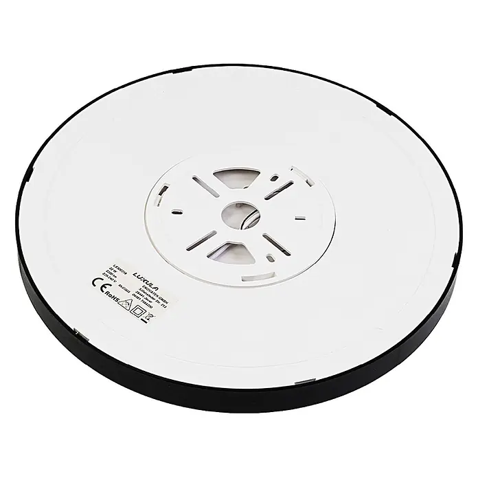 Luxula LED-Deckenleuchte rund - 22 W, Schwarz, Mehrfarbig - Rückseite einer runden schwarz-weißen LED-Deckenleuchte mit zentraler weißer Montagehalterung und Produktetikett.