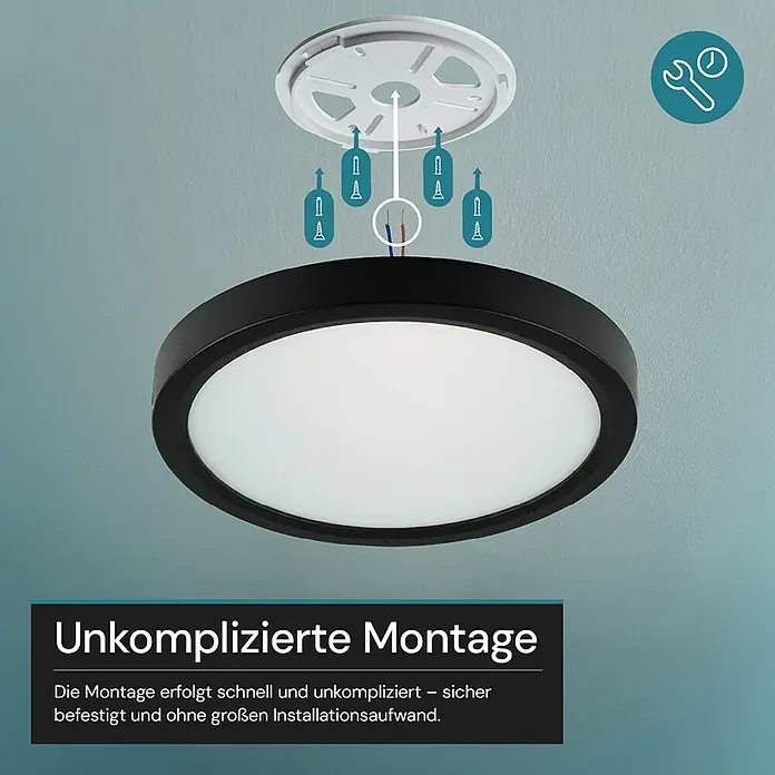 Luxula LED-Deckenleuchte rund - 22 W, Schwarz, Mehrfarbig - Runde Deckenleuchte mit schwarzem Rahmen, die einfach an der Decke montiert wird, mit dargestellten Schrauben und Kabeln.