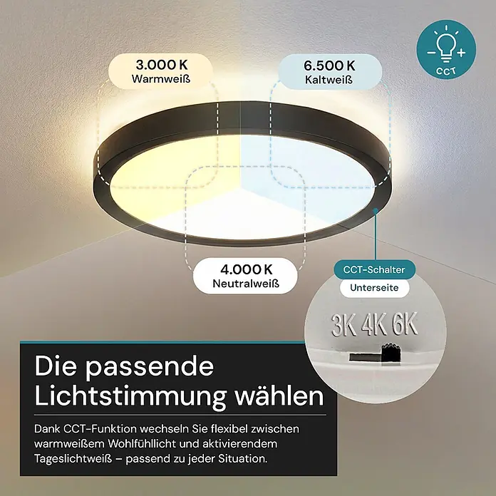Luxula LED-Deckenleuchte rund - 22 W, Schwarz, Mehrfarbig - Schwarze runde LED-Deckenleuchte mit einstellbarer Farbtemperatur: 3000K Warm-, 4000K Neutral-, 6500K Kaltweiß, über CCT-Schalter wählbar.