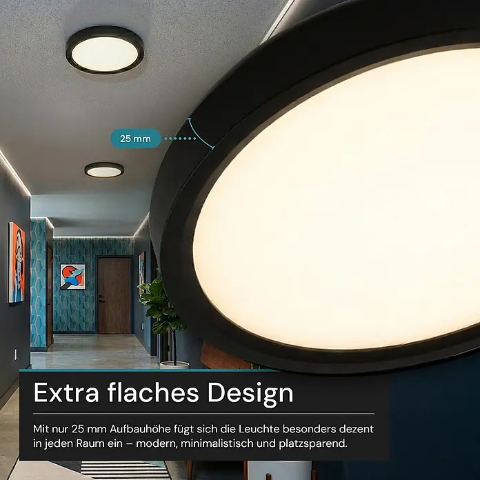 Luxula LED-Deckenleuchte rund - 22 W, Schwarz, Mehrfarbig - Schwarze, runde, ultraflache 25mm LED-Deckenleuchte an einer Decke installiert.