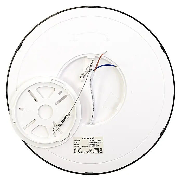 Luxula LED-Deckenleuchte rund - 22 W, Schwarz, Mehrfarbig - Rückseite einer weißen runden LED-Deckenleuchte mit Kabeln und Sicherheitsseil.