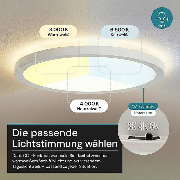 Luxula LED-Deckenleuchte rund - 42 W, Weiß, Mehrfarbig - Runde weiße LED-Deckenleuchte mit einstellbaren Farbtemperaturen (3000K, 4000K, 6500K) und CCT-Schalter an der Unterseite.