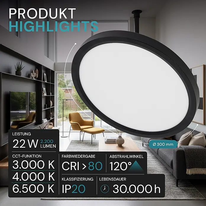 Luxula LED-Deckenleuchte rund - 22 W, Schwarz, Mehrfarbig - Eine runde, schwarz gerahmte LED-Deckenleuchte (Ø 300 mm) in einem modernen Wohnzimmer.