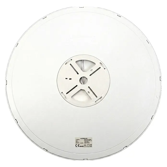 Luxula LED-Deckenleuchte rund - 42 W, Weiß, Mehrfarbig - Rückseite einer weißen, runden LED-Leuchte mit kreuzförmiger Halterung und Produktetiketten.