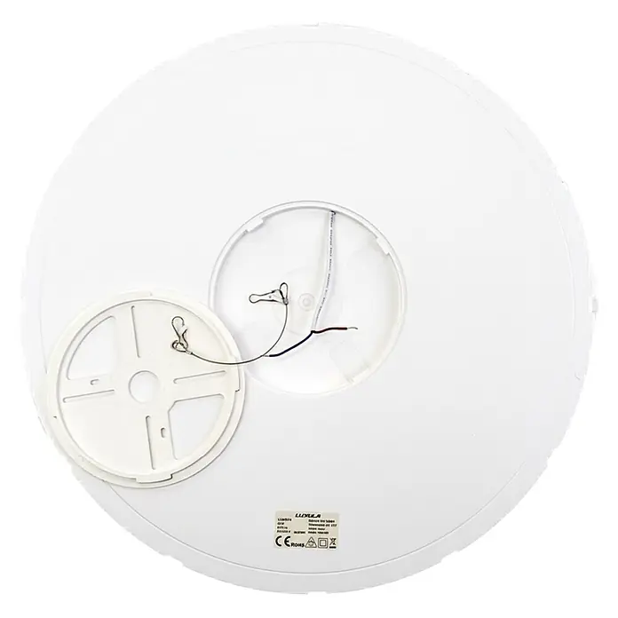 Luxula LED-Deckenleuchte rund - 42 W, Weiß, Mehrfarbig - Rückansicht einer weißen runden LED-Deckenleuchte, mit freiliegender Verkabelung und abgenommener Montageplatte.