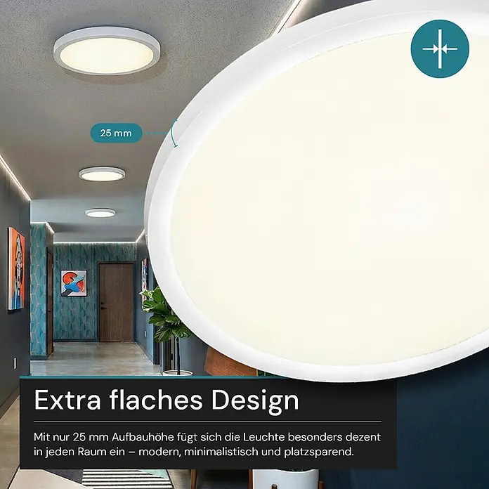 Luxula LED-Deckenleuchte rund - 42 W, Weiß, Mehrfarbig - Flache runde LED-Deckenleuchte mit 25 mm Aufbauhöhe in modernem Flur.