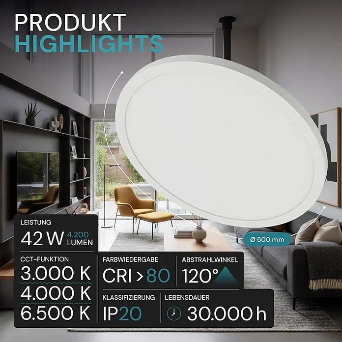 Luxula LED-Deckenleuchte rund - 42 W, Weiß, Mehrfarbig - Weißes, rundes LED-Deckenlicht, Ø 500mm, integriert in ein modernes Wohnzimmer.