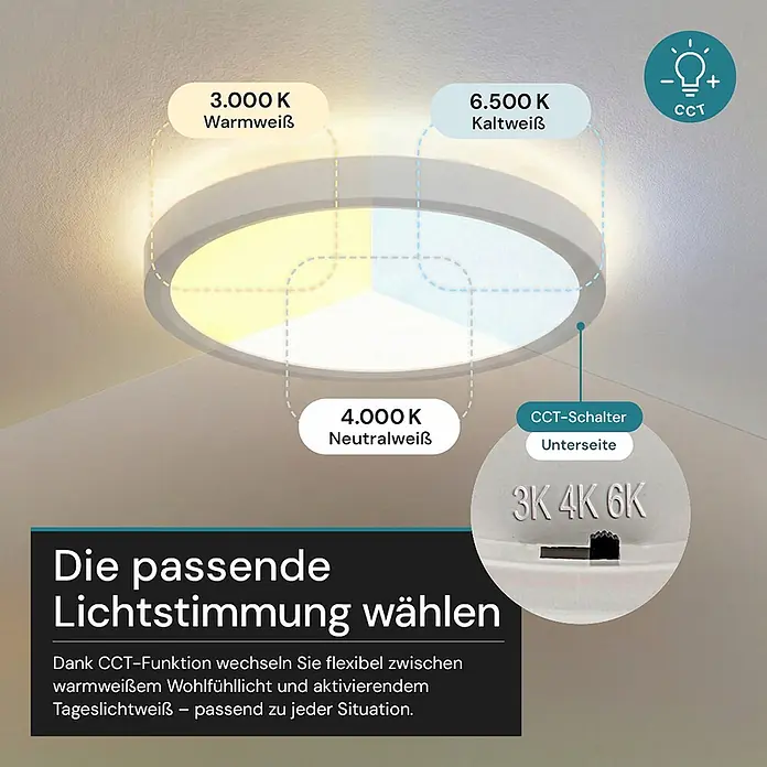 Luxula LED-Deckenleuchte rund - 22 W, Weiß, Mehrfarbig - Runde CCT-Deckenleuchte, zeigt warmes, neutrales und kaltweißes Licht sowie einen Schalter an der Unterseite zur Farbtemperatureinstellung.