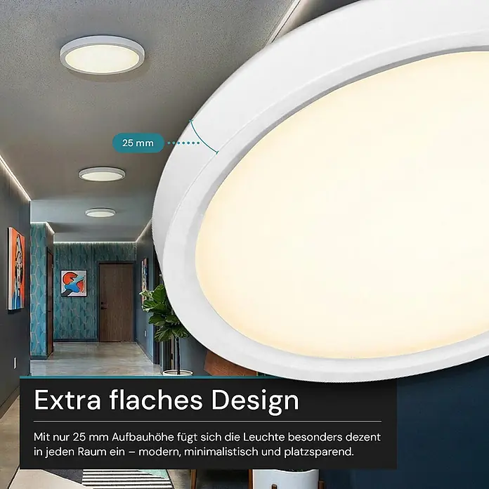 Luxula LED-Deckenleuchte rund - 22 W, Weiß, Mehrfarbig - Weiße, ultraflache Deckenleuchte mit 25 mm Aufbauhöhe, in modernem Flur installiert, um schlankes Design hervorzuheben.